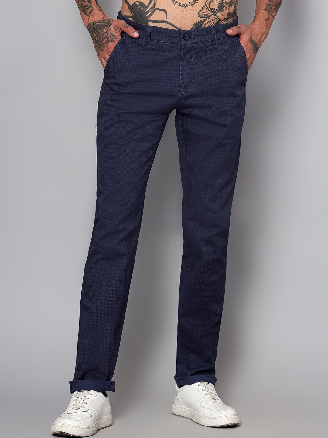 

Cantabil Men Blue Comfort Cotton Casual Trousers, Navy blue