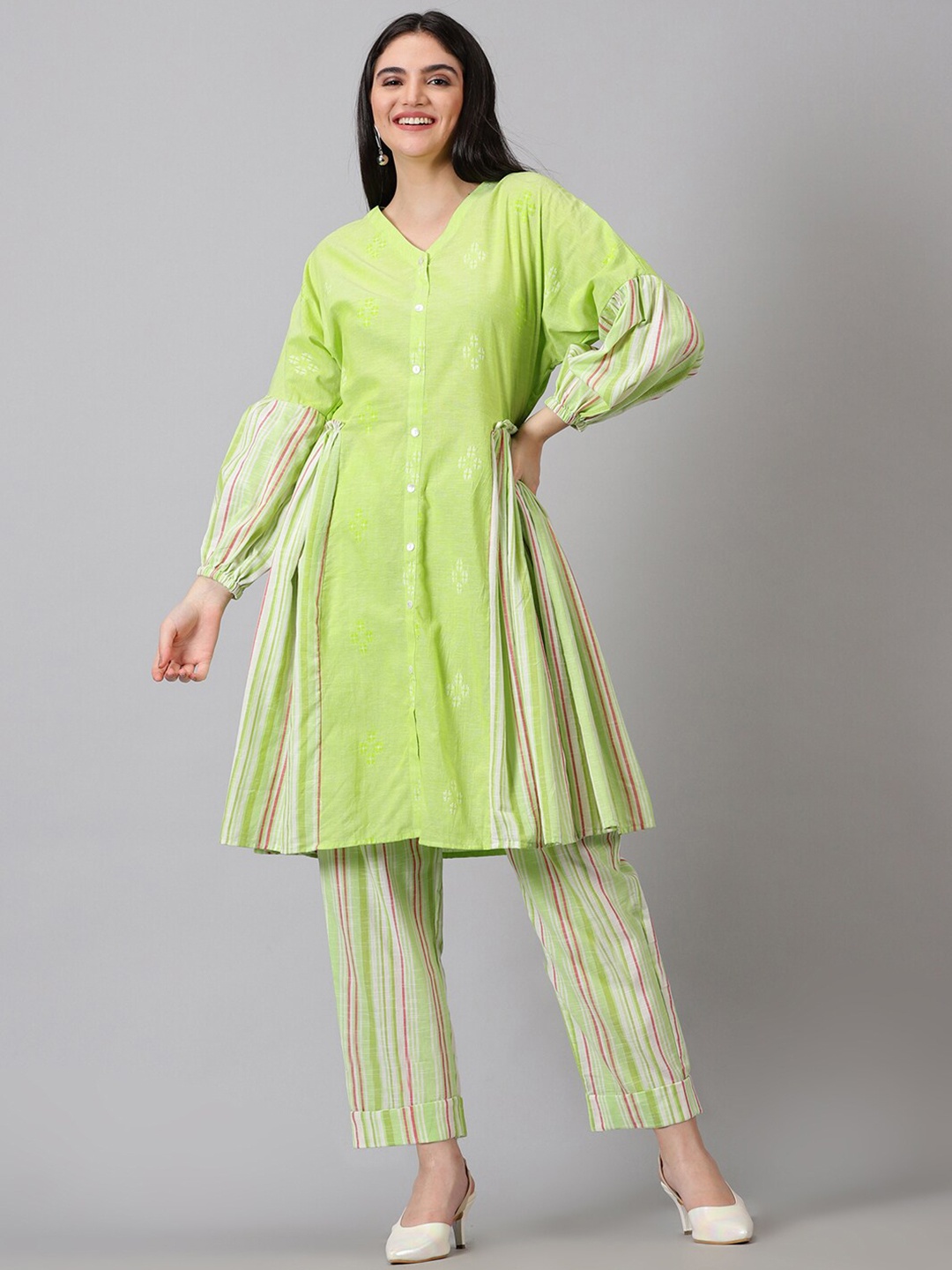 

Jilmil Striped Pure Cotton Tunic & Trouser Co-Ords, Green