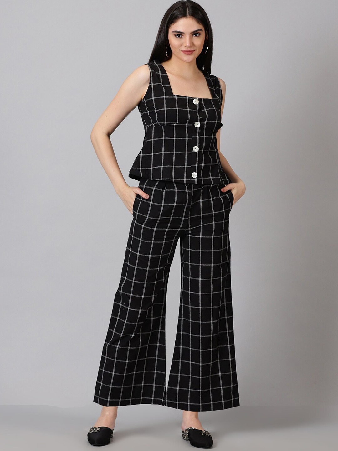 

Jilmil Checked Pure Cotton Top & Trouser Co Ords, Black