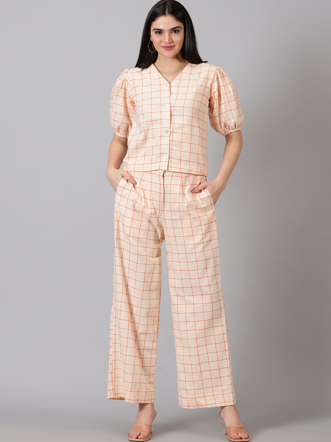 

Jilmil Checked Pure Cotton Top & Trouser Co Ords, Peach