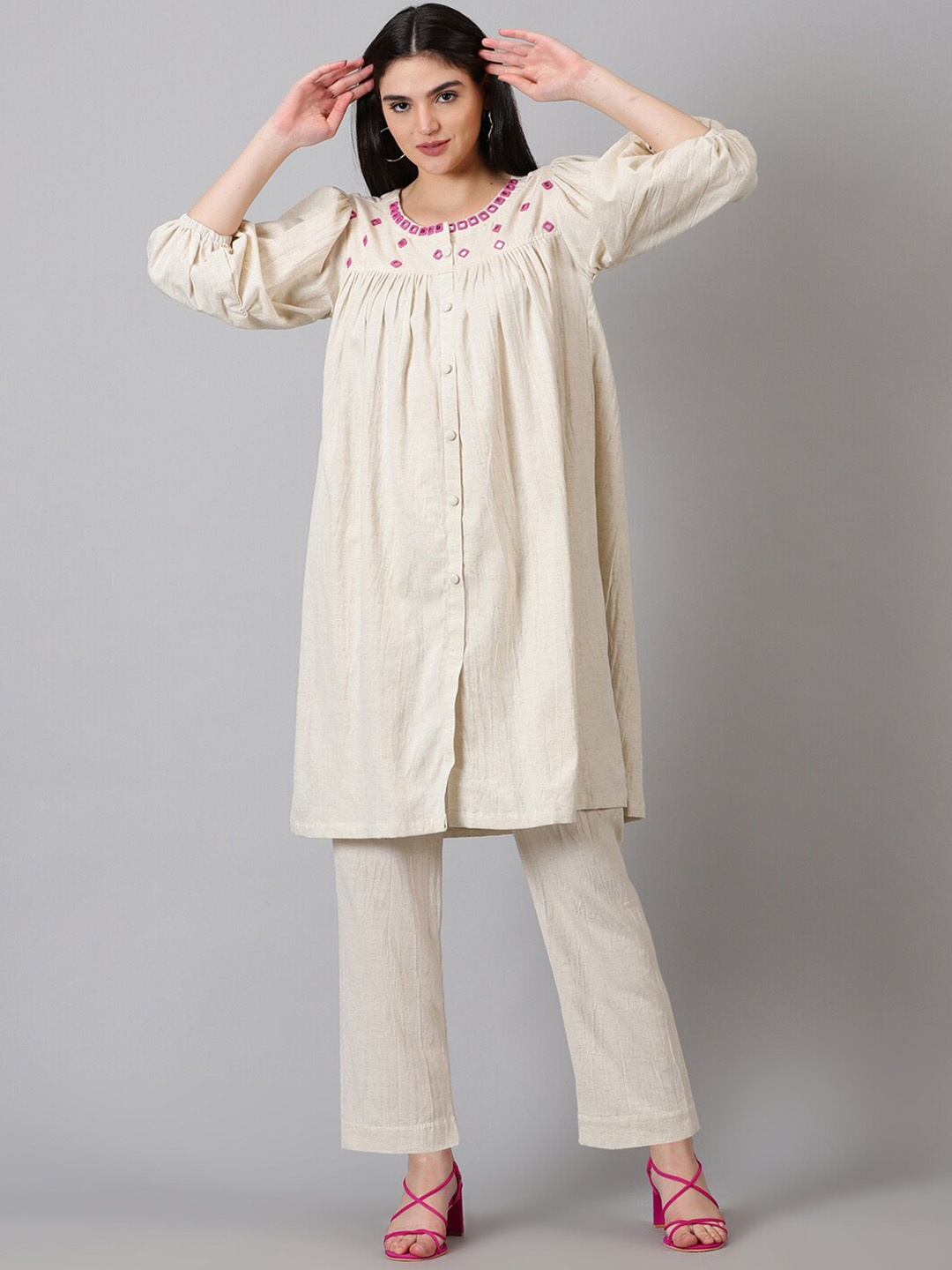 

Jilmil Embellished Pure Cotton Tunic & Trouser Co-Ords, Off white