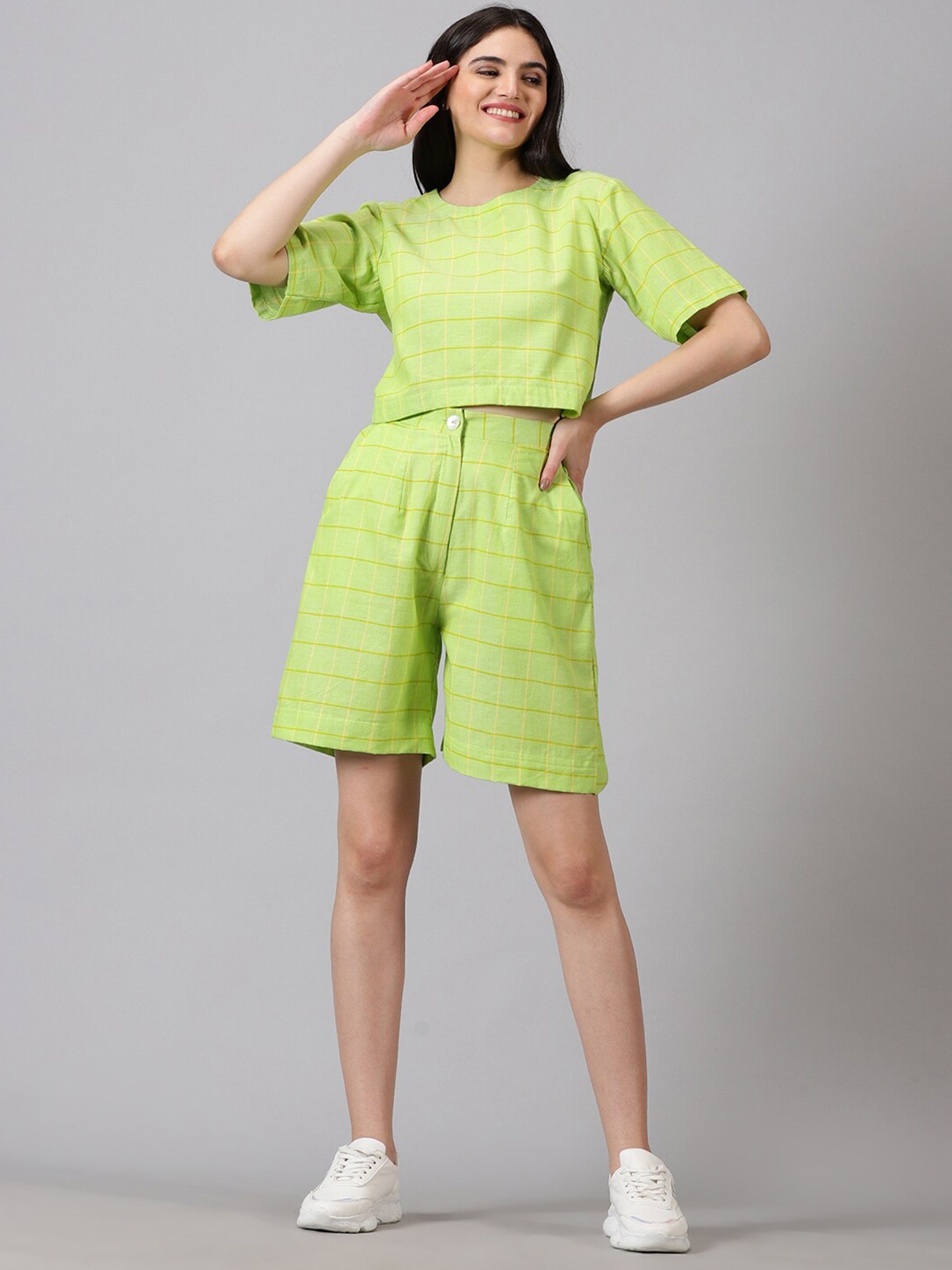 

Jilmil Checked Pure Cotton Top & Shorts Co-Ords, Green