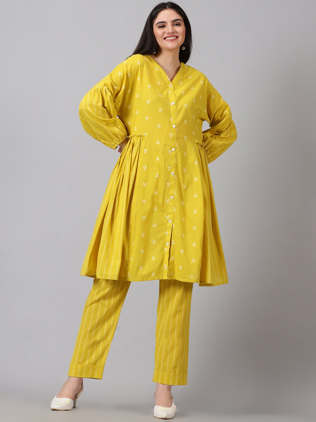 

Jilmil Ethnic Motifs Printed Gathered Pure Cotton Tunic & Trouser, Yellow