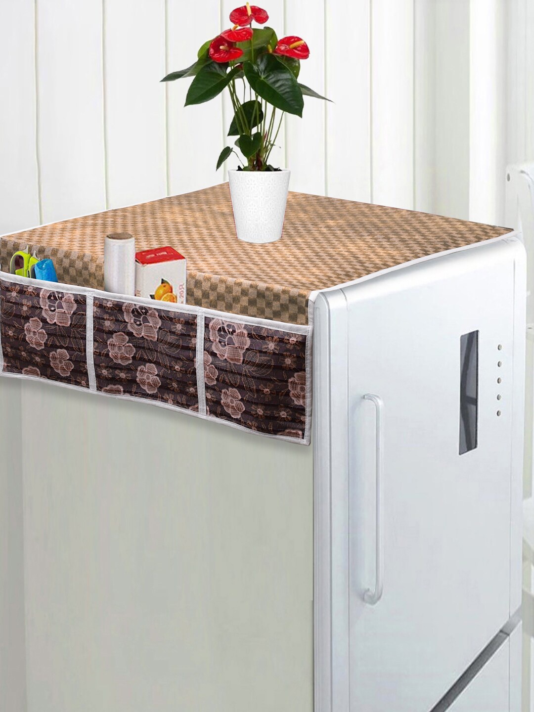 

FABINALIV Beige & Grey Checked Fridge Top Cover