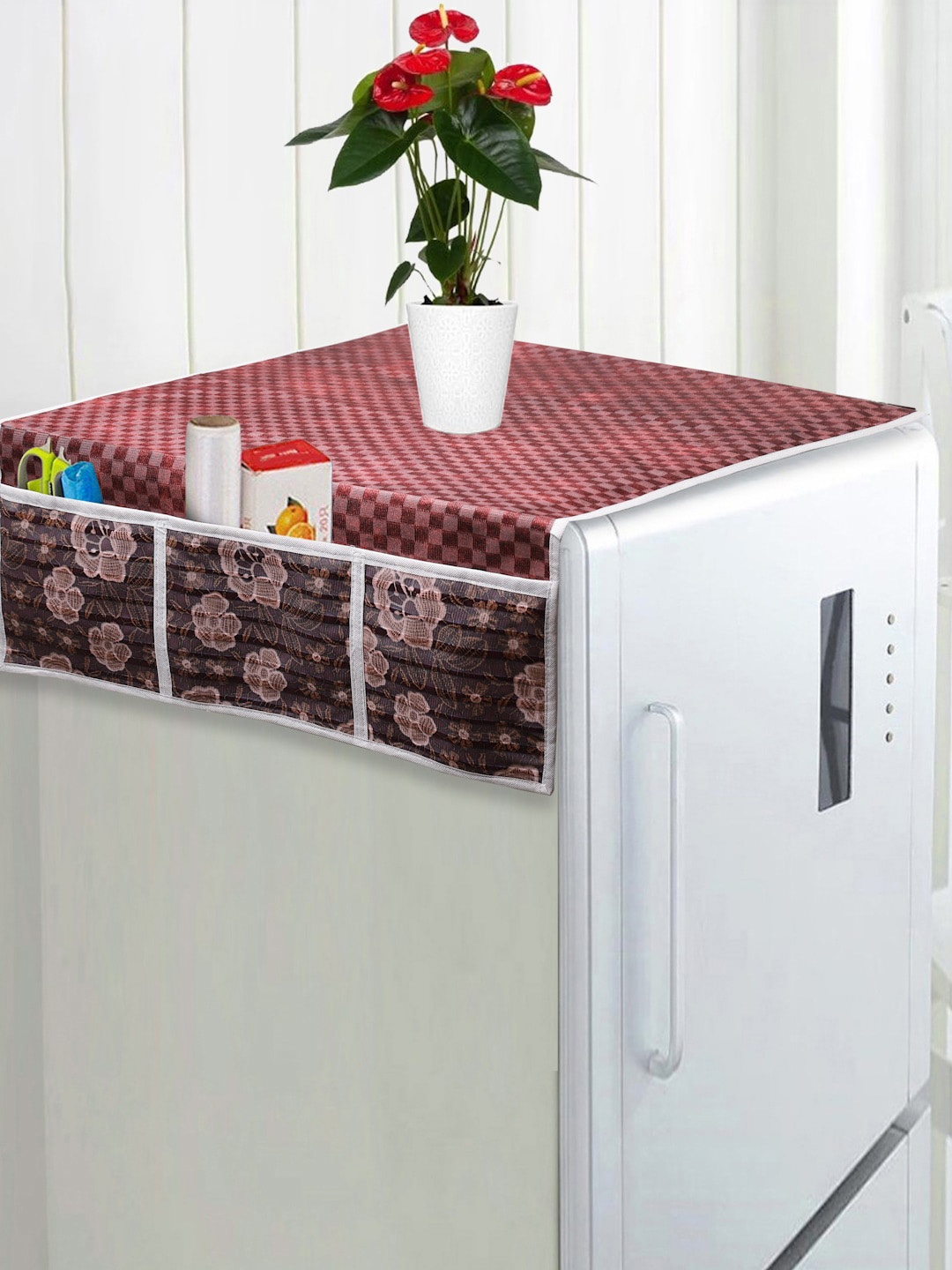 

FABINALIV Maroon & Grey Checked Fridge Top Cover