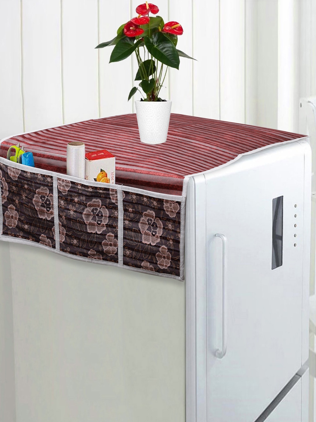 

FABINALIV Maroon & Grey Striped Fridge Top Cover