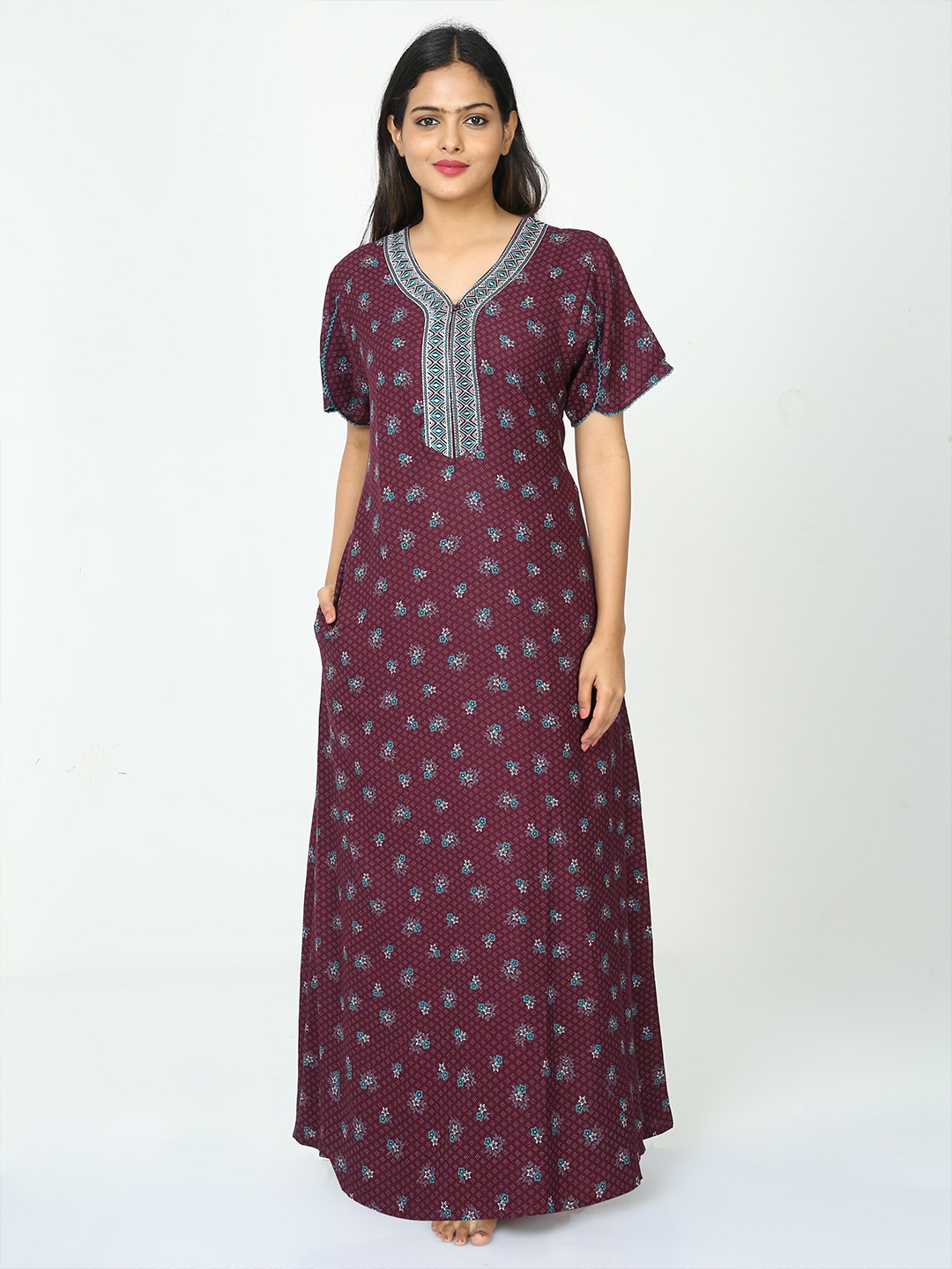 

9shines Label Floral Printed Maxi Nightdress, Maroon