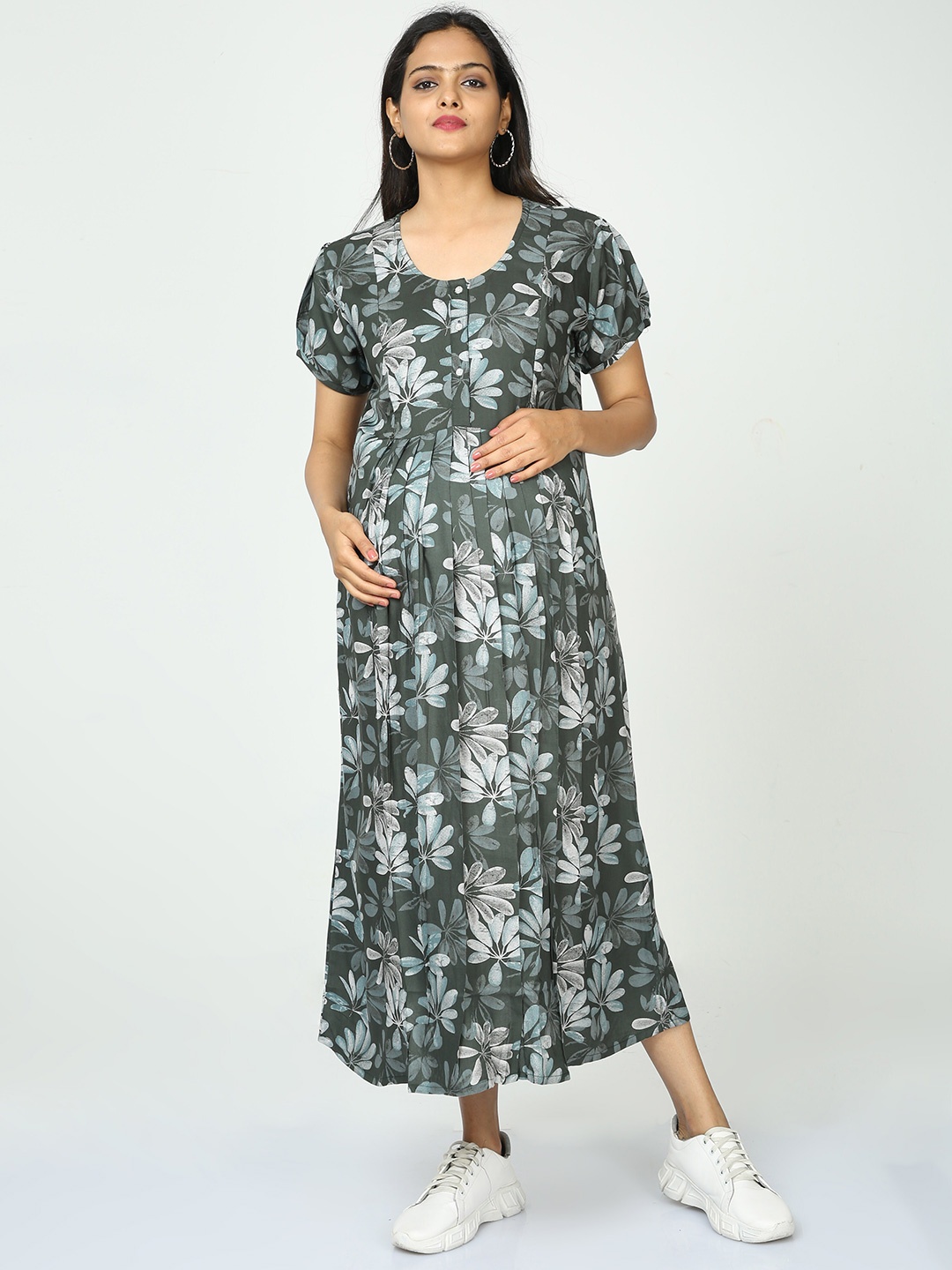

9shines Label Floral Printed Puff Sleeves Maternity A-Line Midi Dress, Green
