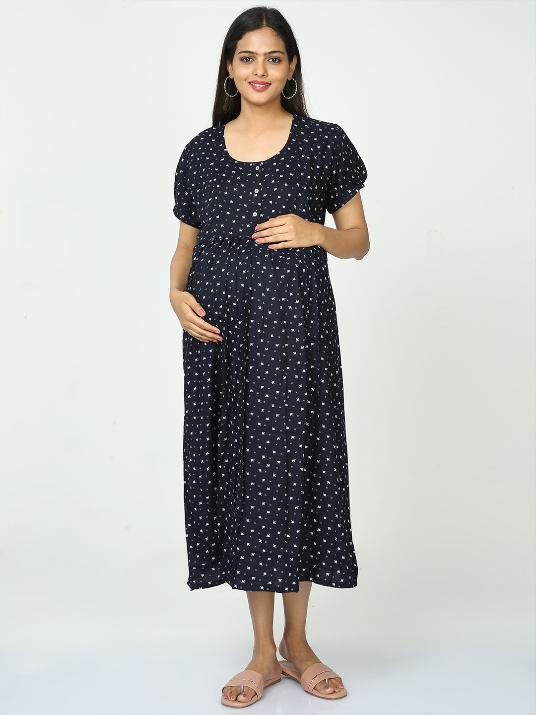 

9shines Label Floral Printed Maternity Fit And Flare Dress, Blue