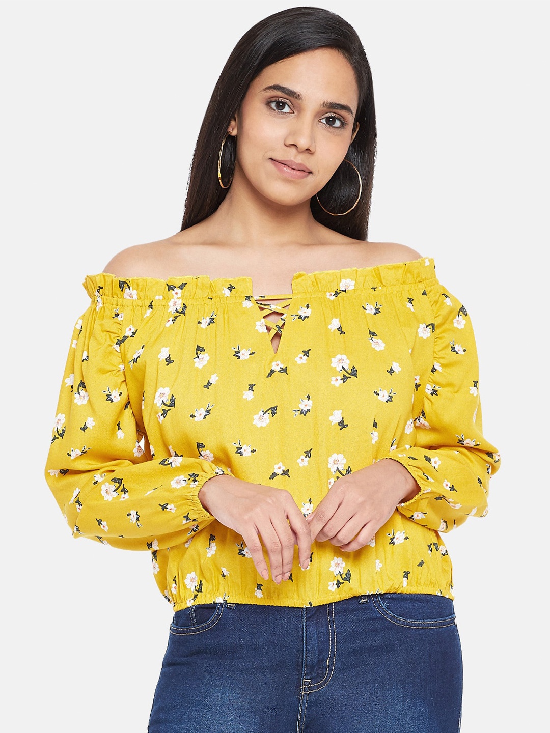 

People Yellow Floral Printed Off-Shoulder Puff Sleeve Bardot Top
