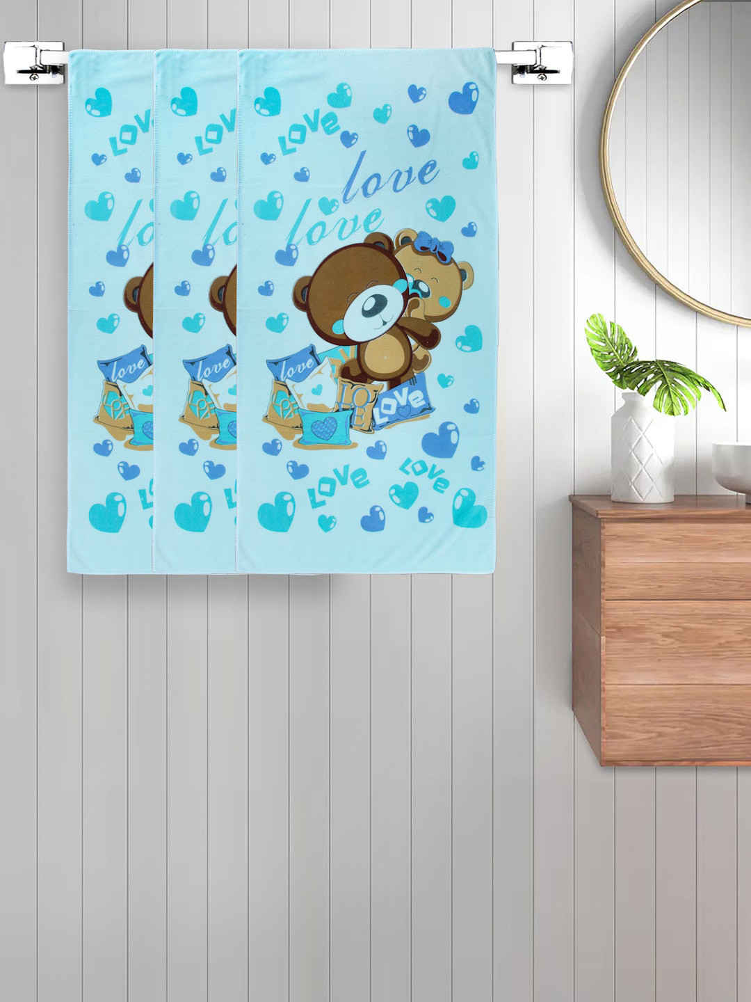 

FABINALIV Kids Blue & Brown 3-Pieces Printed 300 GSM Cotton Bath Towels