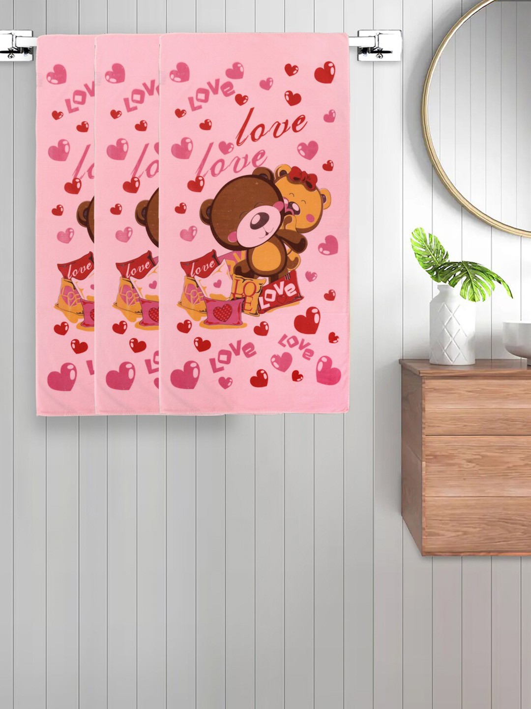 

FABINALIV Kids 3-Pcs Pink & Brown Printed 300 GSM Cotton Bath Towels