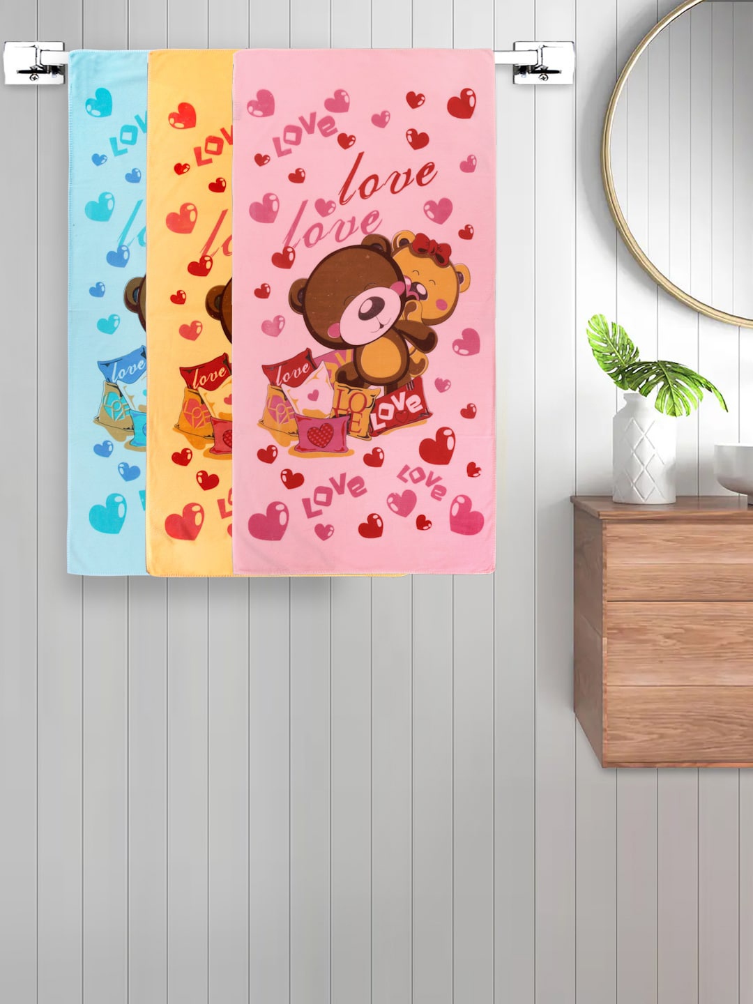 FABINALIV Kids Blue & Pink 3-Pieces Printed 300 GSM Cotton Bath Towels