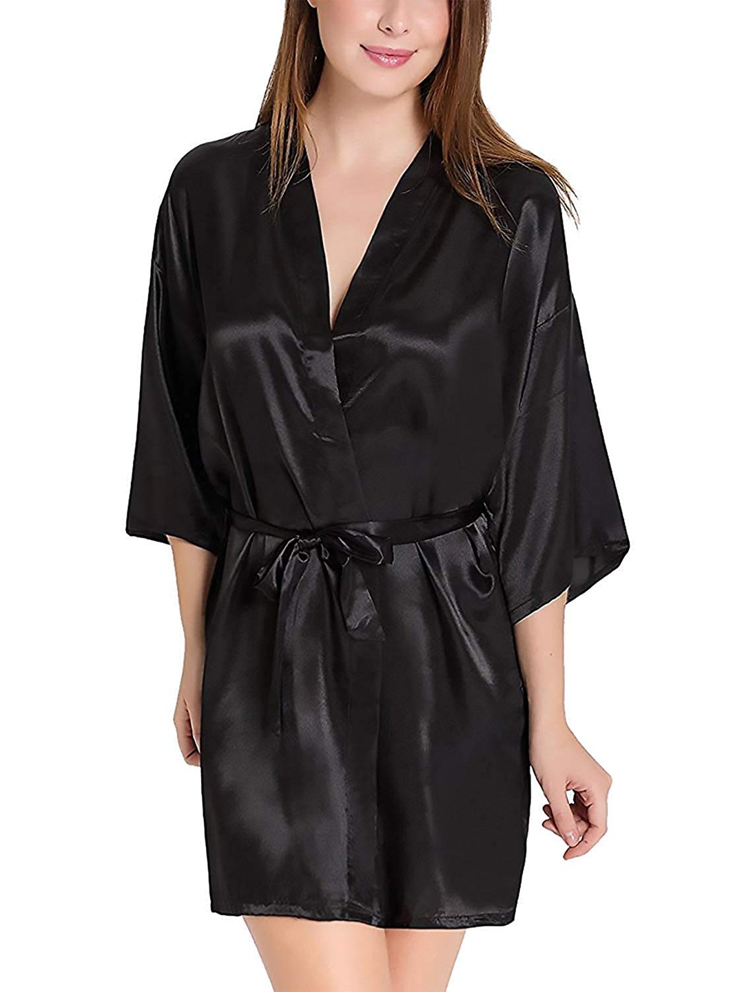 

FIMBUL V-Neck Waist Tie-up Mini Length Robe, Black