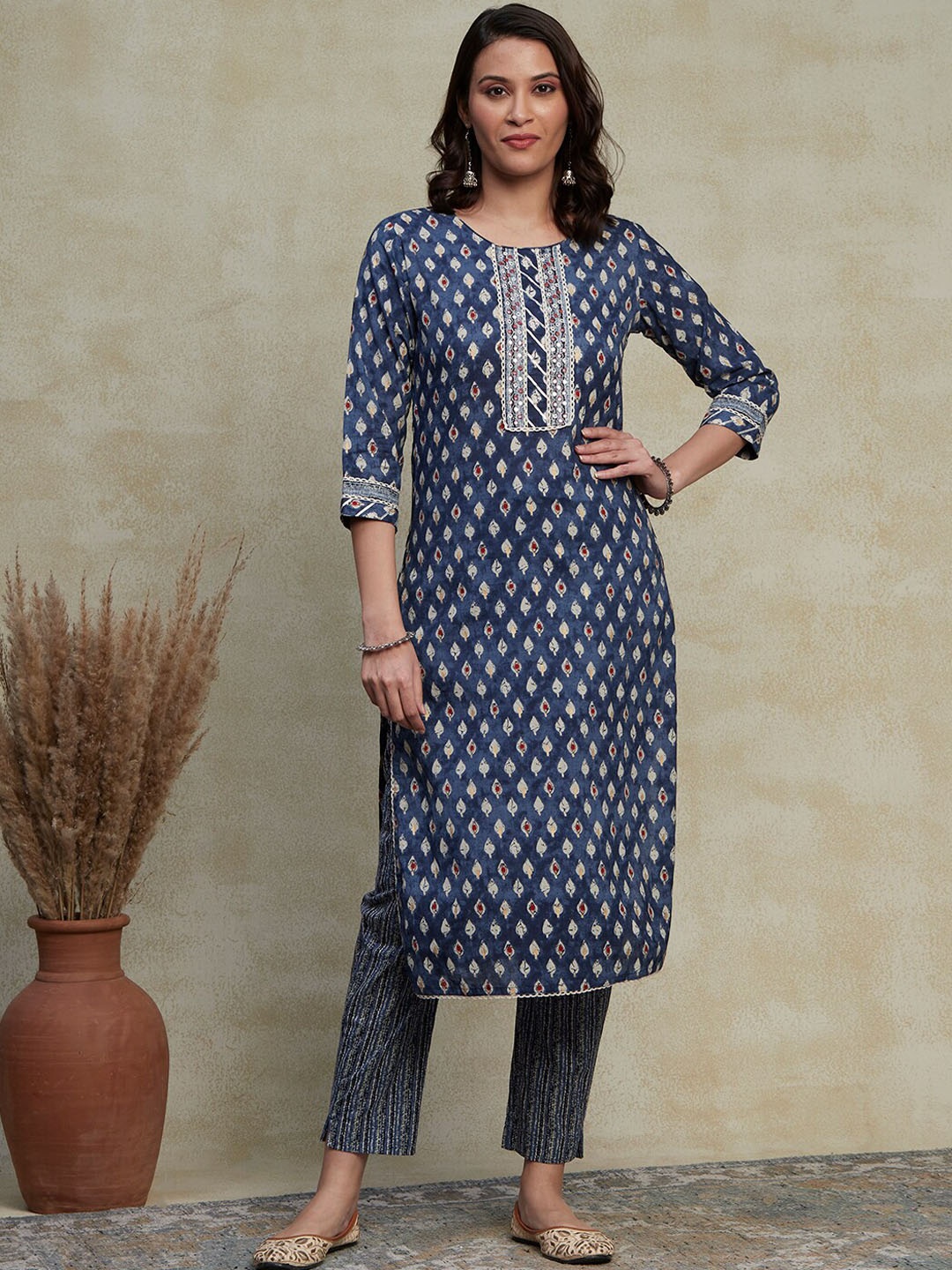 

FASHOR Blue Ethnic Motifs Printed Regular Mirror Work Pure Cotton Kurta with Trousers