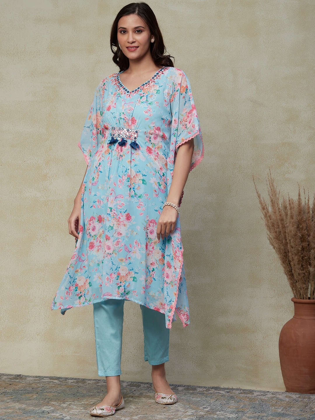 

FASHOR Blue Floral Printed Mirror Work Kaftan Kurta with Trousers