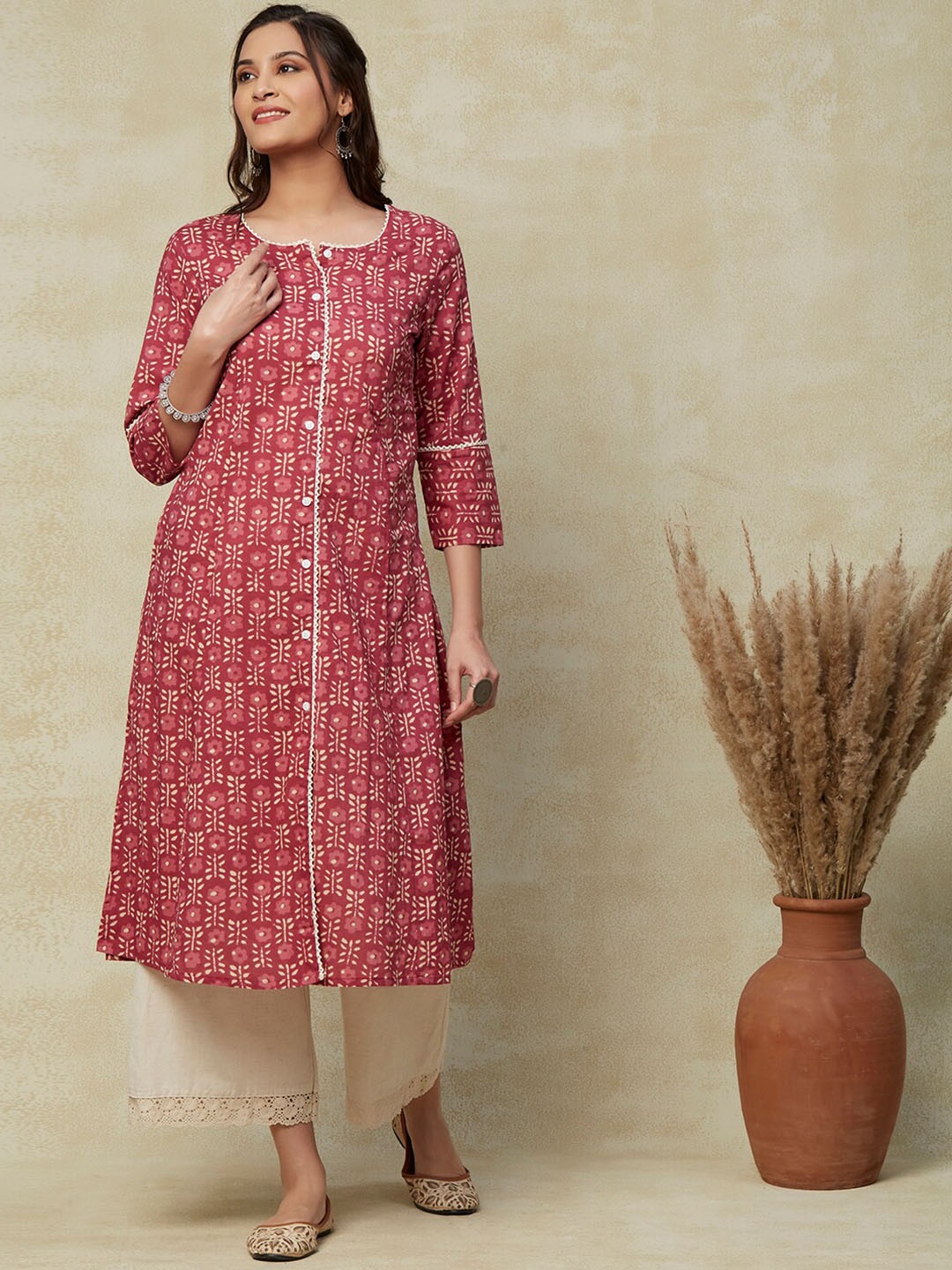 

FASHOR Magenta Ethnic Motifs Printed Cotton A-Line Kurta