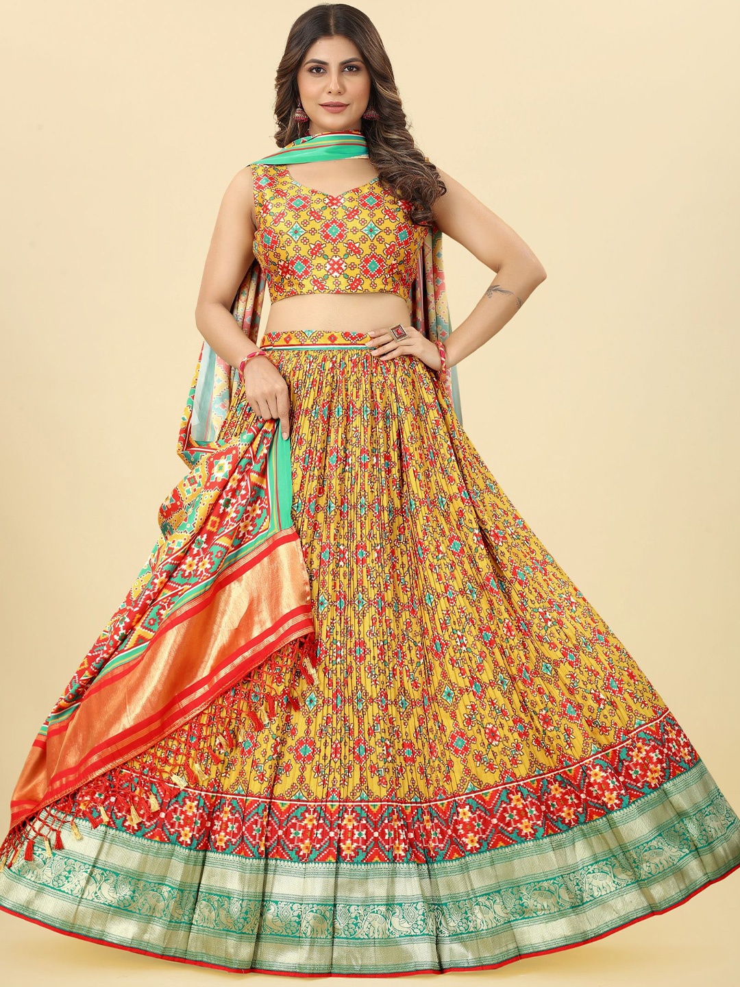 

KALINI Printed Semi-Stitched Lehenga & Unstitched Blouse With Dupatta, Yellow