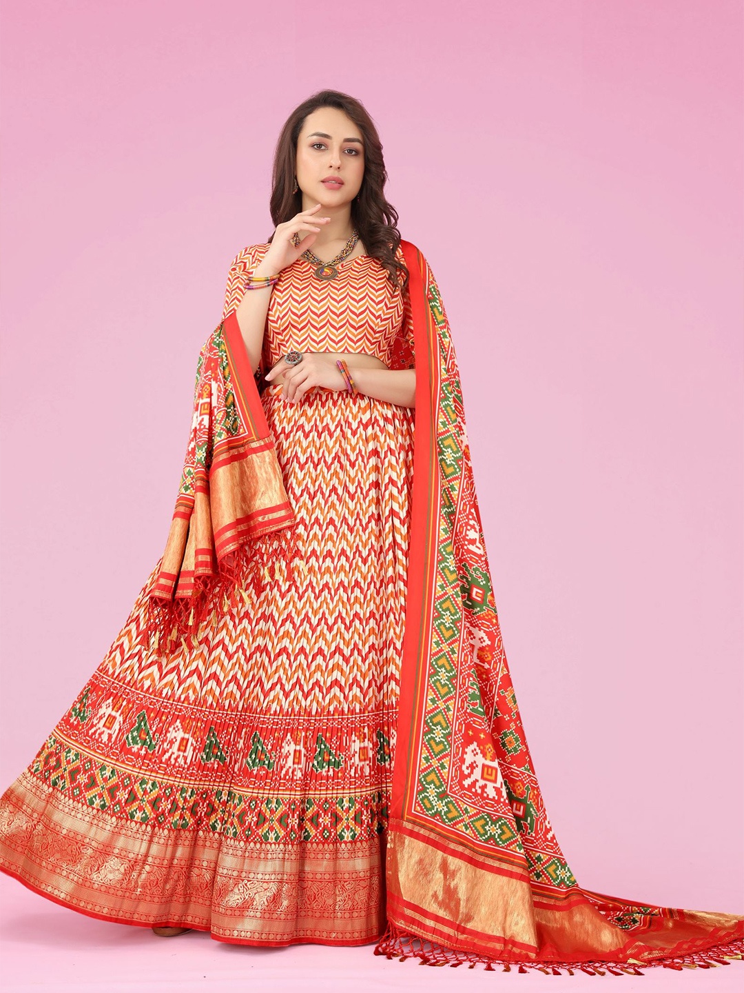 

KALINI Printed Semi-Stitched Lehenga & Unstitched Blouse With Dupatta, Red