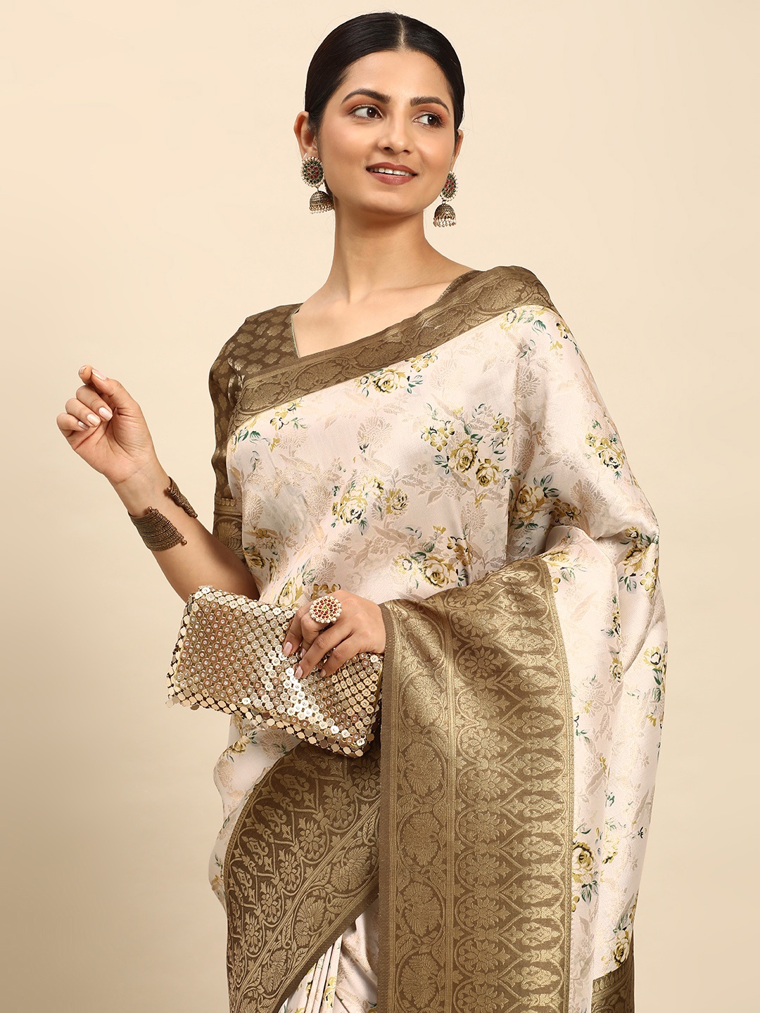 

LOOKNBOOK ART Floral Print Saree, Olive