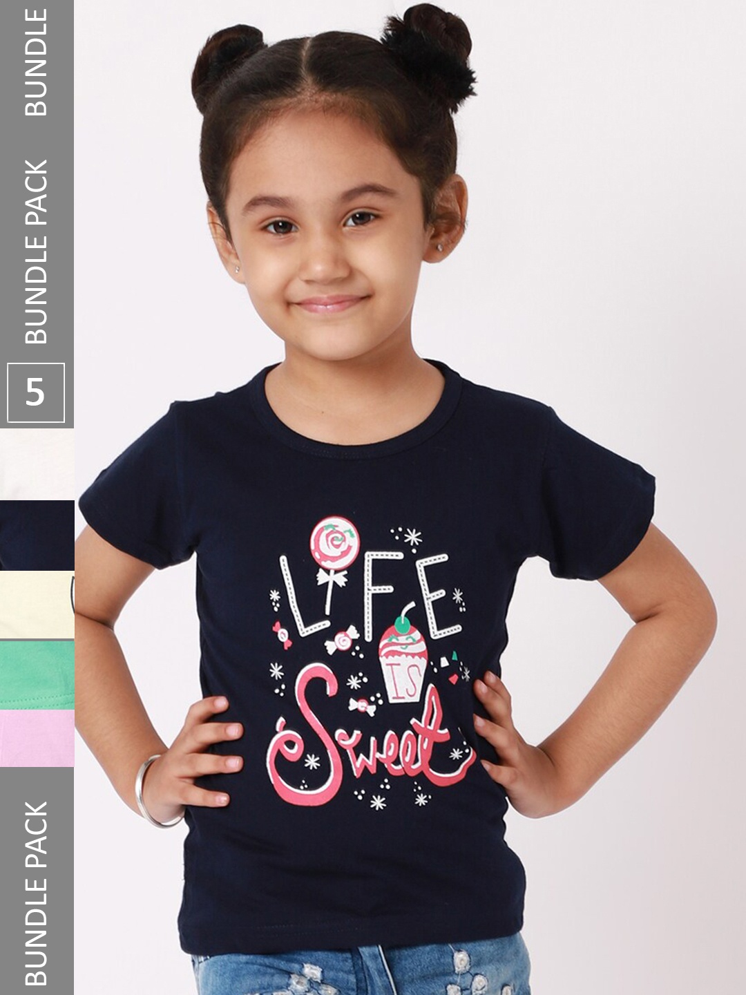 

BAESD Girls Pack Of 5 Printed Cotton T-shirt, Navy blue
