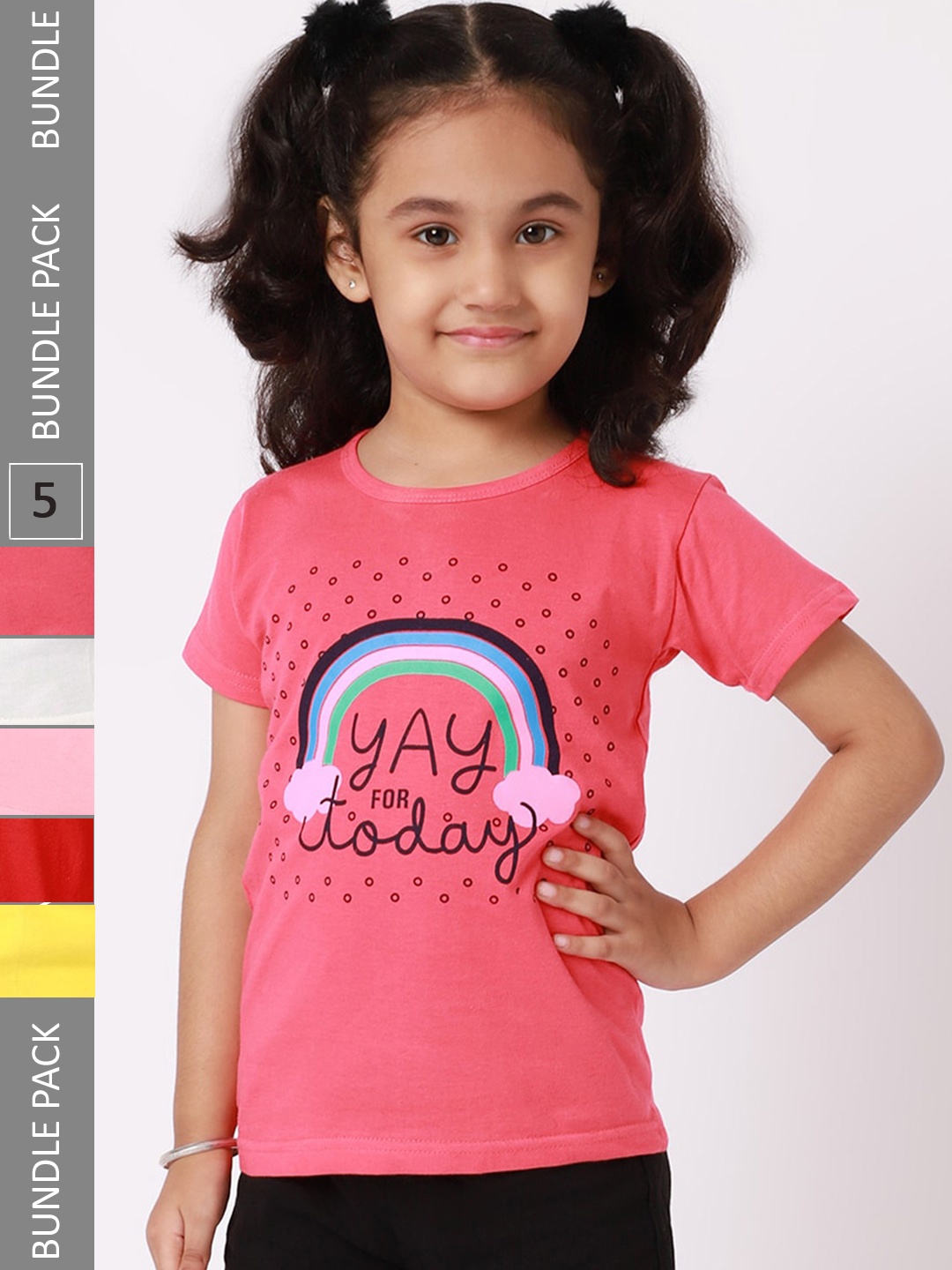 

BAESD Girls Pack Of 5 Typography Printed Cotton Regular T-Shirts, Pink