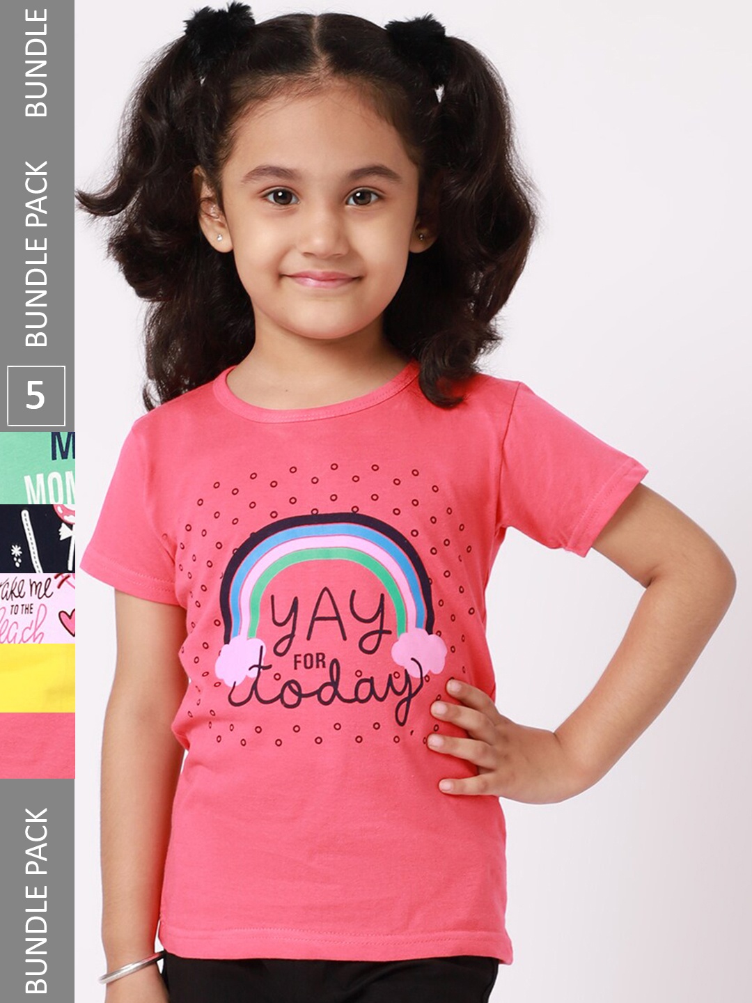

BAESD Girls Pack Of 5 Typography Printed Cotton T-shirt, Pink