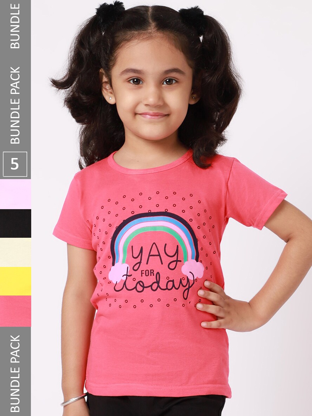 

BAESD Girls Pack Of 5 Graphic Printed Cotton T-Shirt, Pink