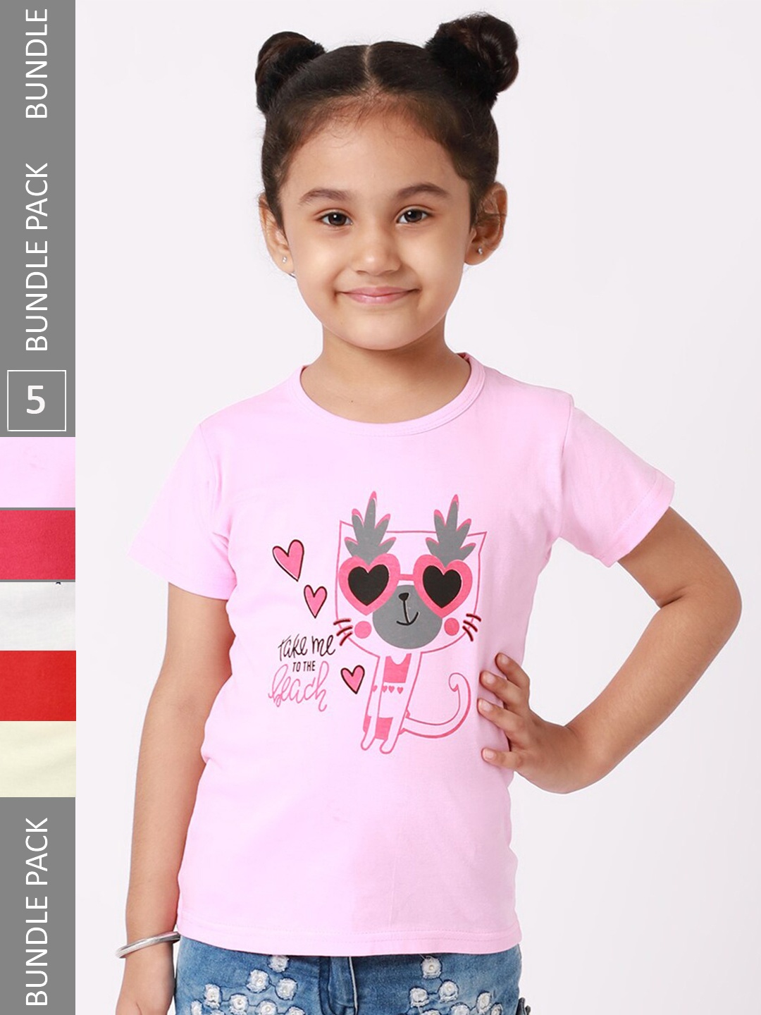 

BAESD Girls Pack Of 5 Typography Printed Cotton T-shirt, Pink