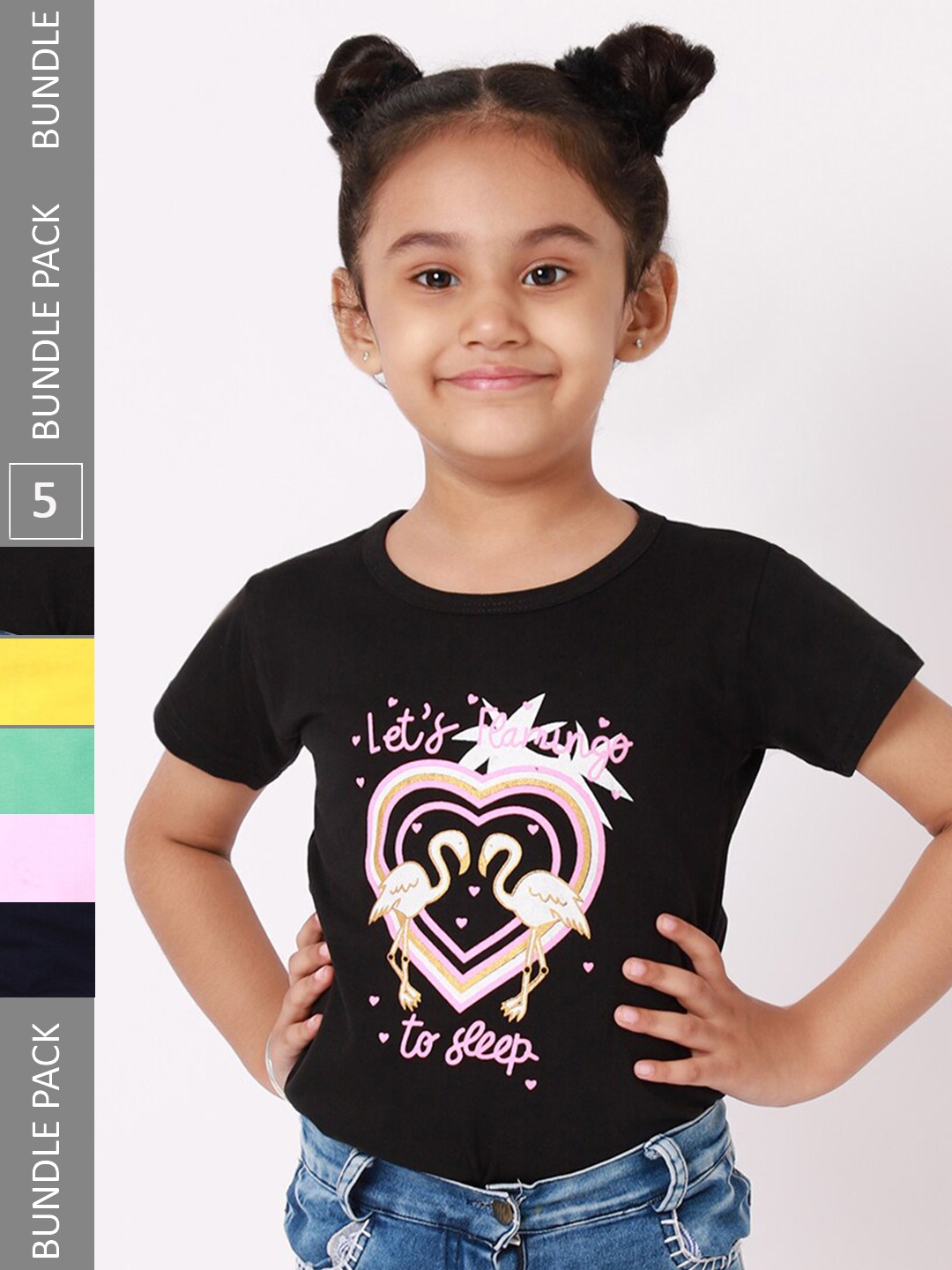 

BAESD Girls Pack Of 5 Typography Printed Cotton T-shirt, Black