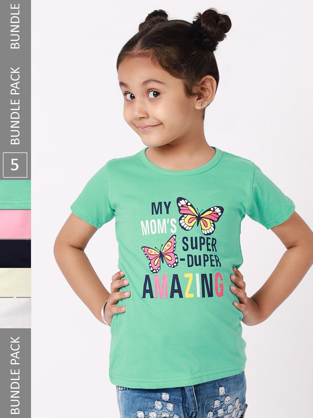 

BAESD Pack Of 5 Girls Graphic Printed Cotton T-Shirt, Green