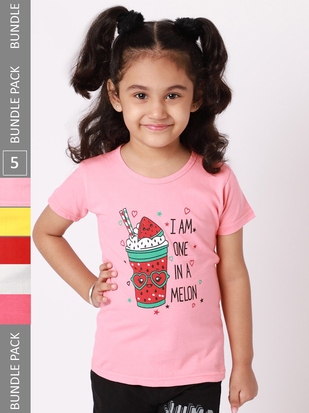 

BAESD Girls Pack Of 5 Printed Cotton T-shirt, Pink
