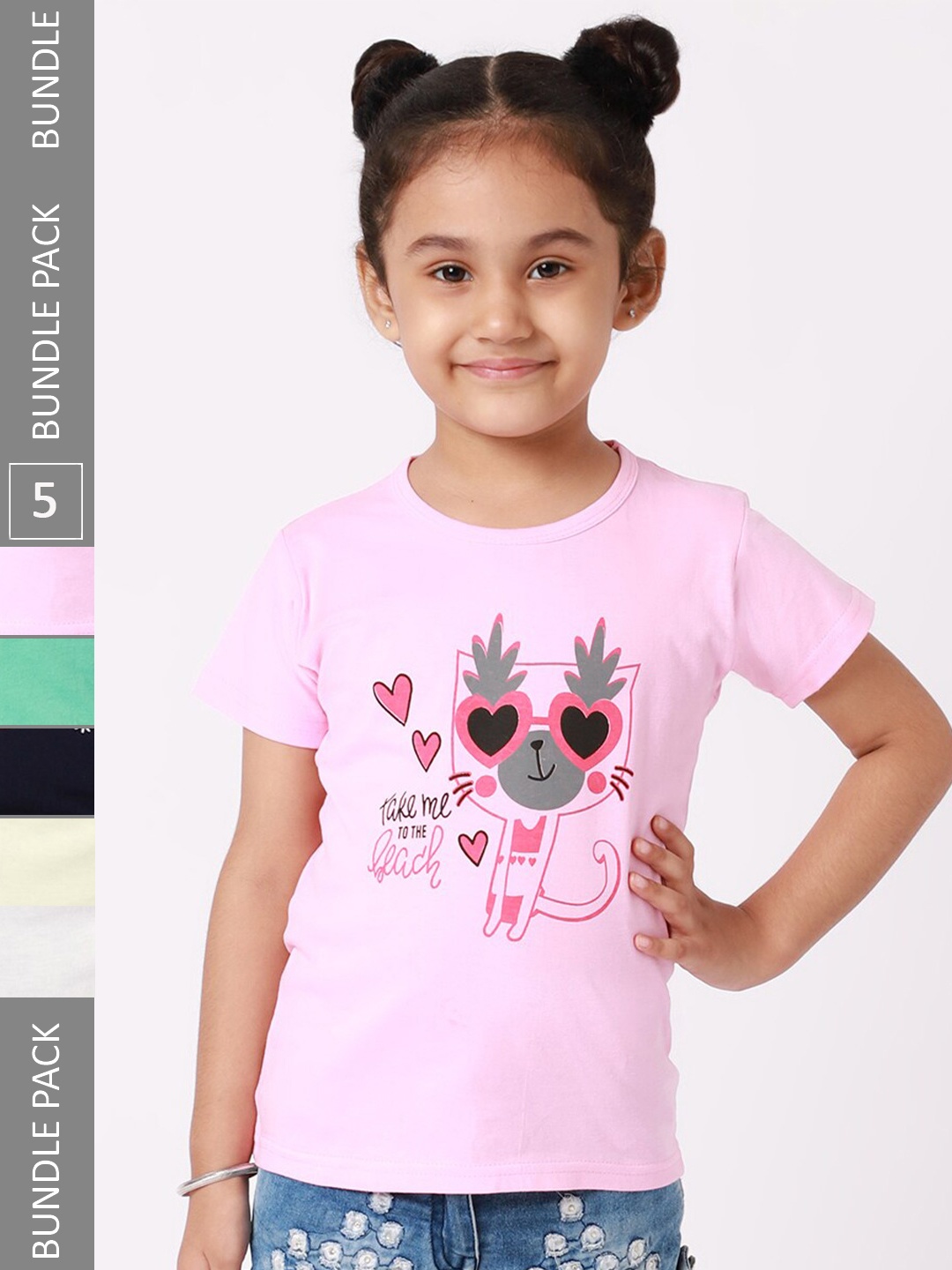 

BAESD Girls Pack Of 5 Typography Printed Cotton T-Shirts, Pink