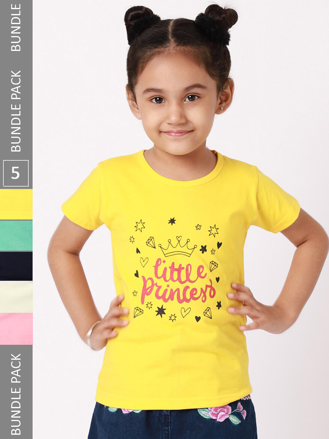 

BAESD Girls Pack Of 5 Typography Printed Cotton T-shirt, Yellow
