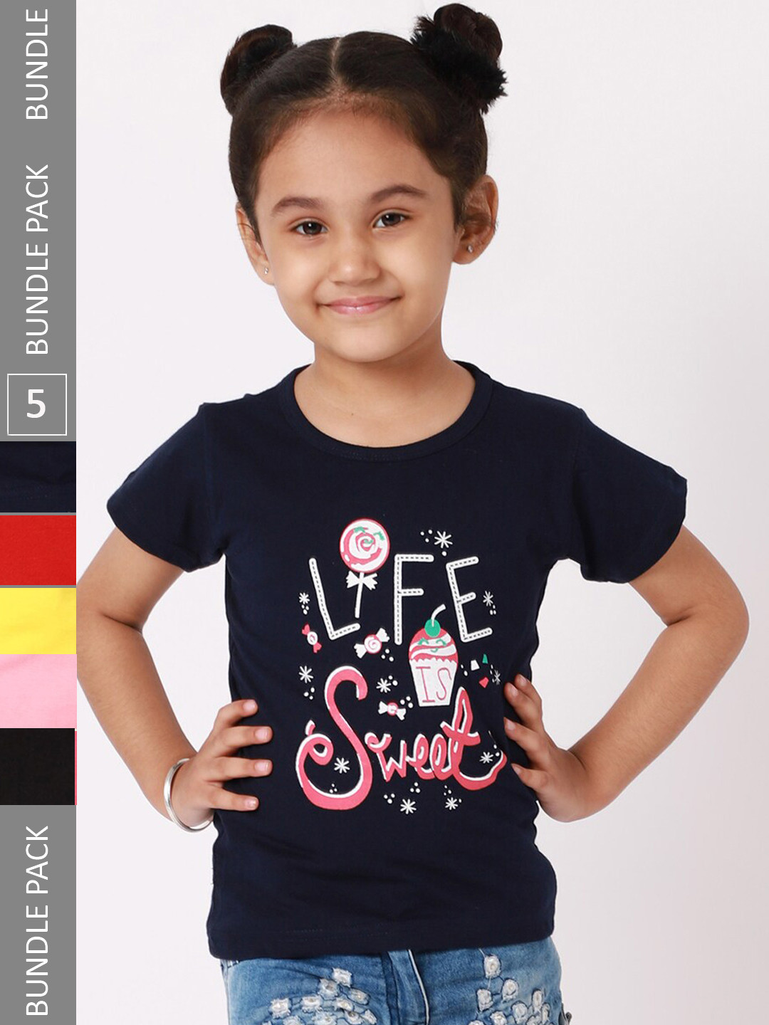 

BAESD Pack Of 5 Girls Typography Printed Cotton Casual T Shirts, Navy blue