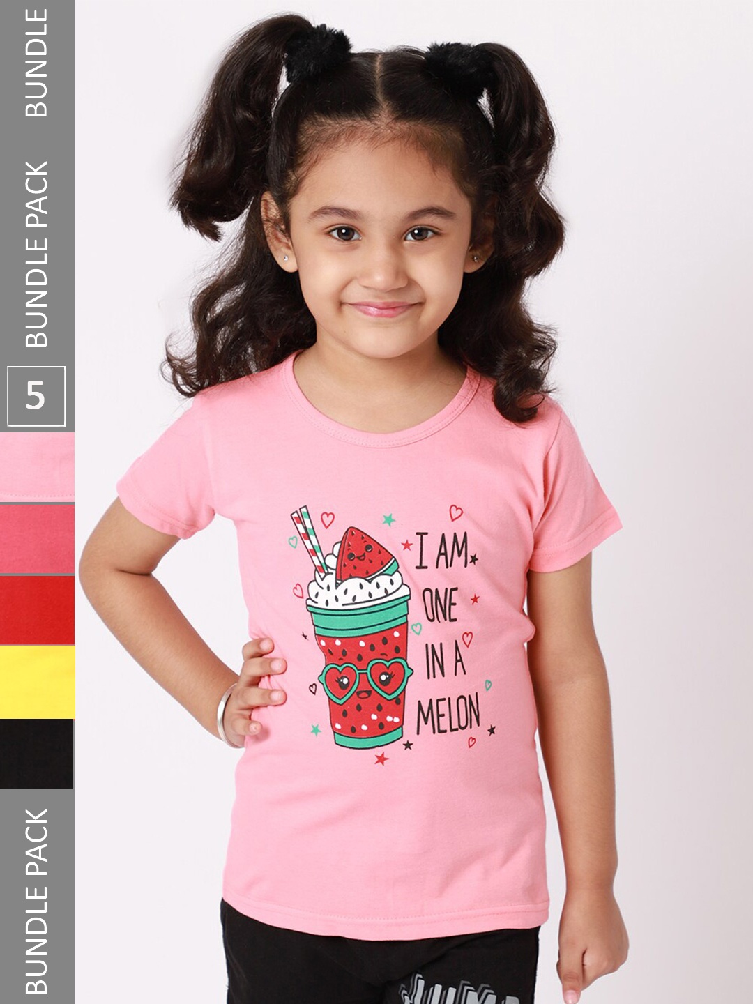 

BAESD Girls Pack Of 5 Typography Printed Round Neck Cotton T-shirt, Pink