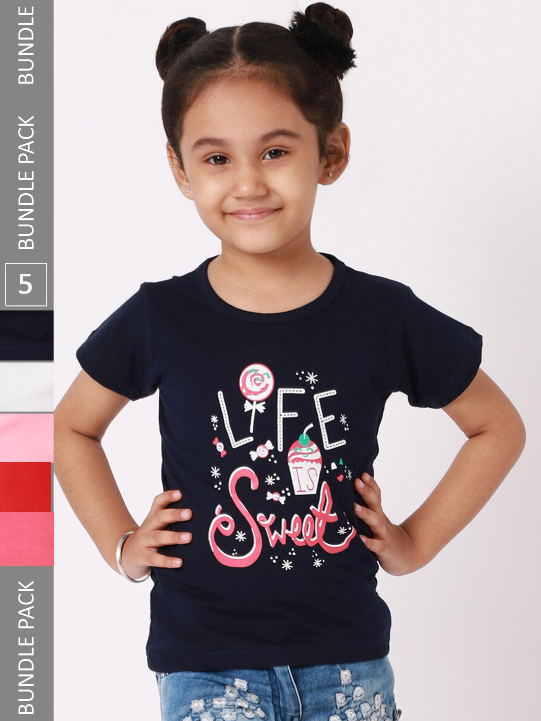 

BAESD Pack Of 5 Girls Typography Printed Cotton Casual T Shirts, Navy blue