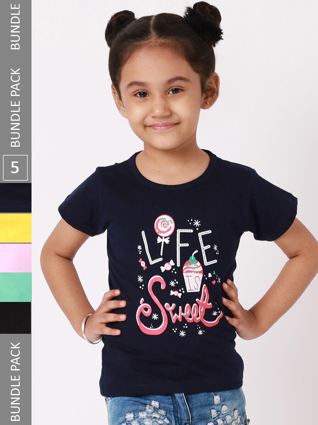 

BAESD Girls Pack Of 5 Printed Cotton T-shirt, Navy blue