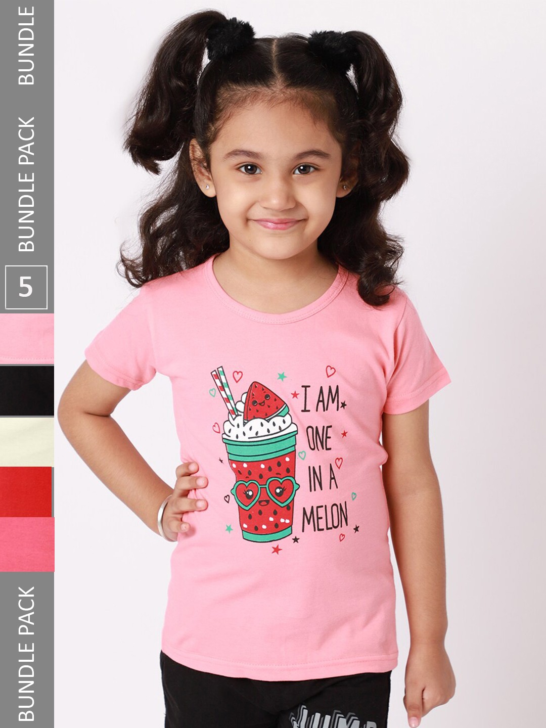 

BAESD Girls Pack Of 5 Typography Printed Cotton T-shirt, Pink