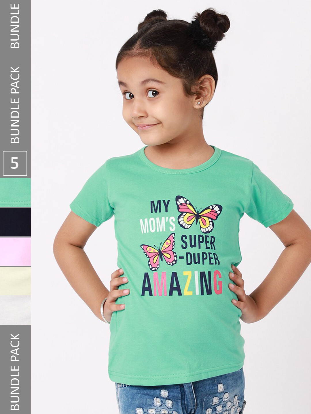 

BAESD Girls Pack Of 5 Typography Printed Cotton T-shirts, Green