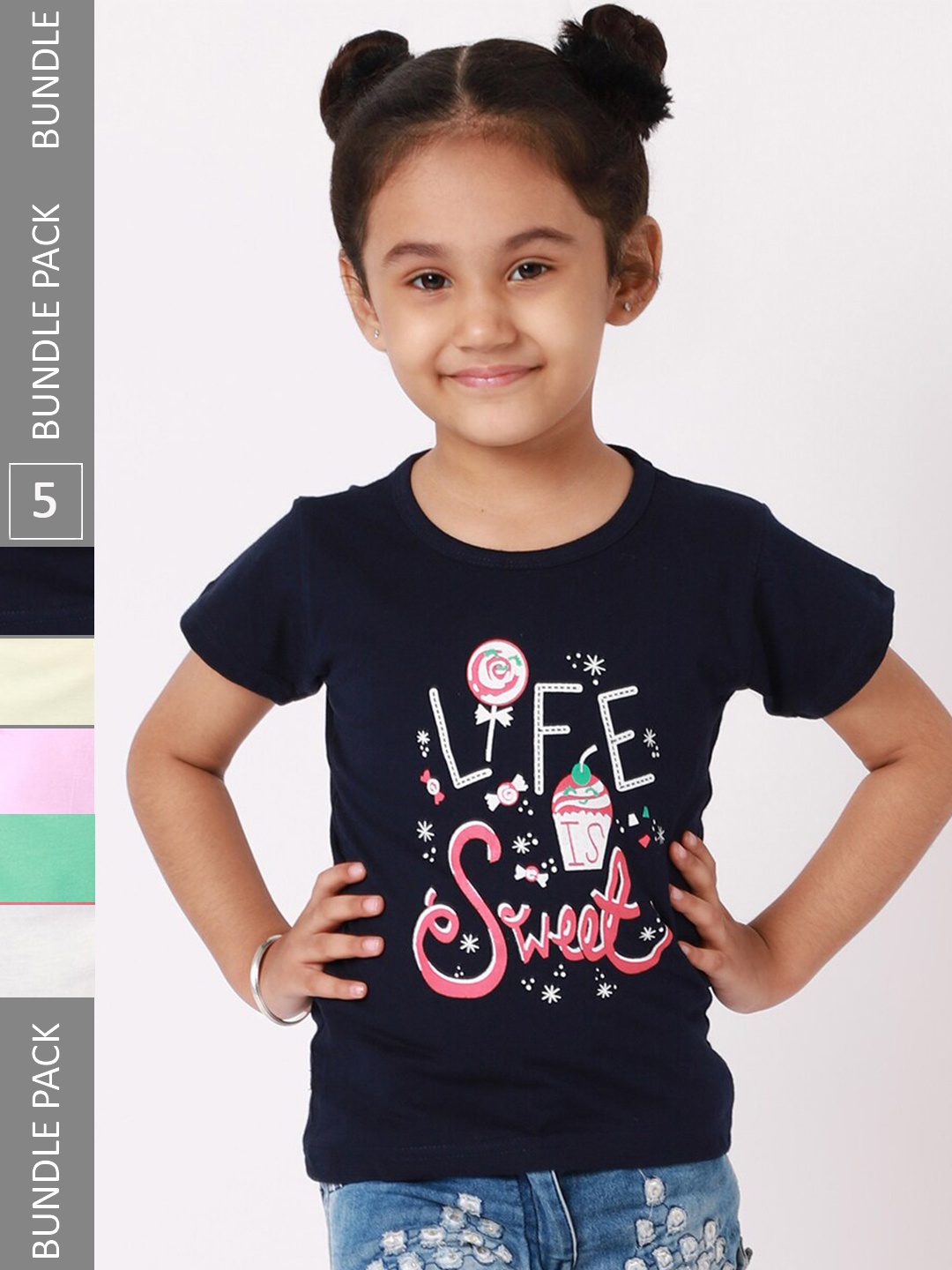 

BAESD Girls Pack of 5 Graphic Printed Cotton T-Shirt, Black