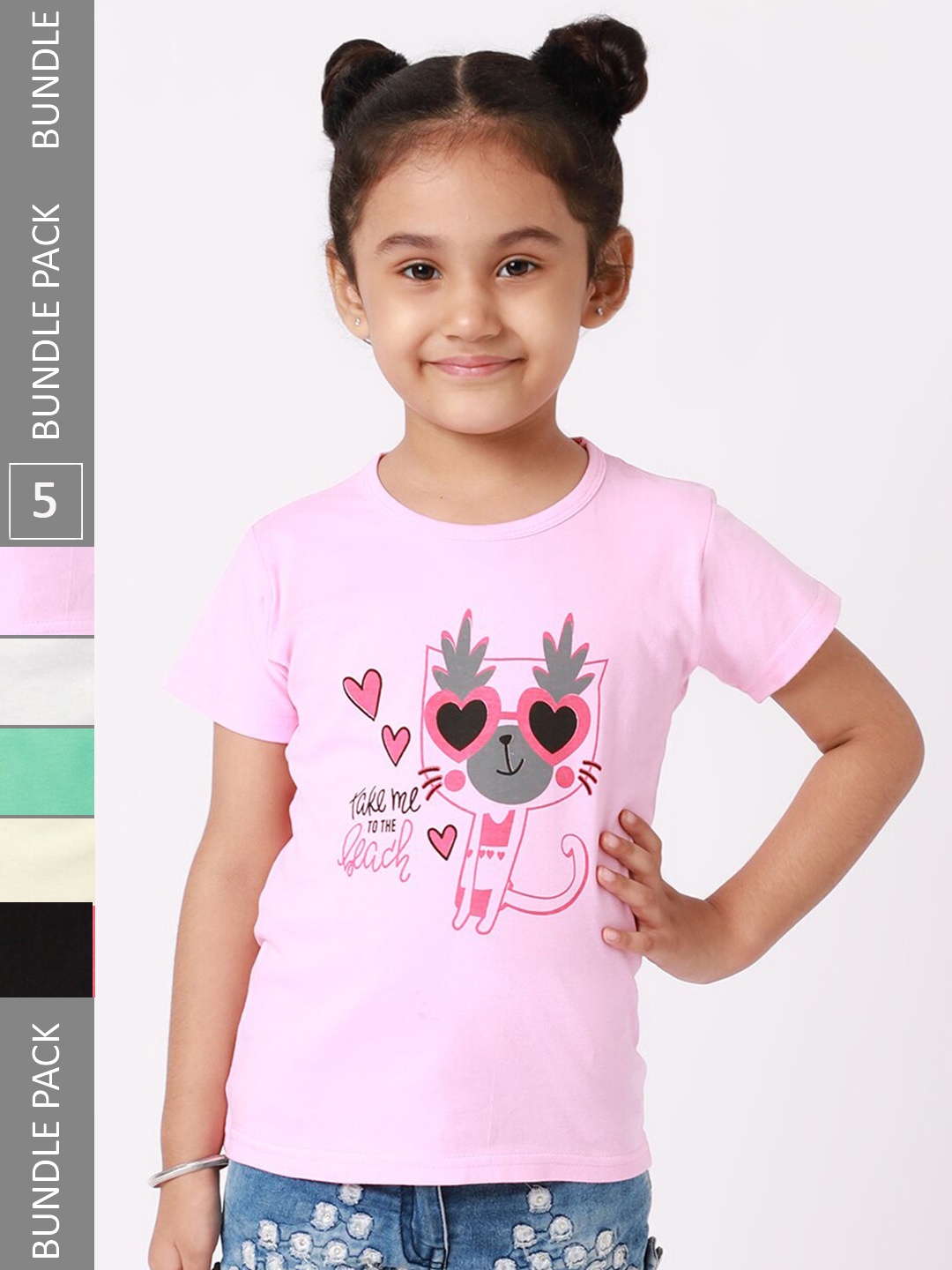 

BAESD Girls Pack Of 5 Typography Printed Cotton T-shirts, Pink