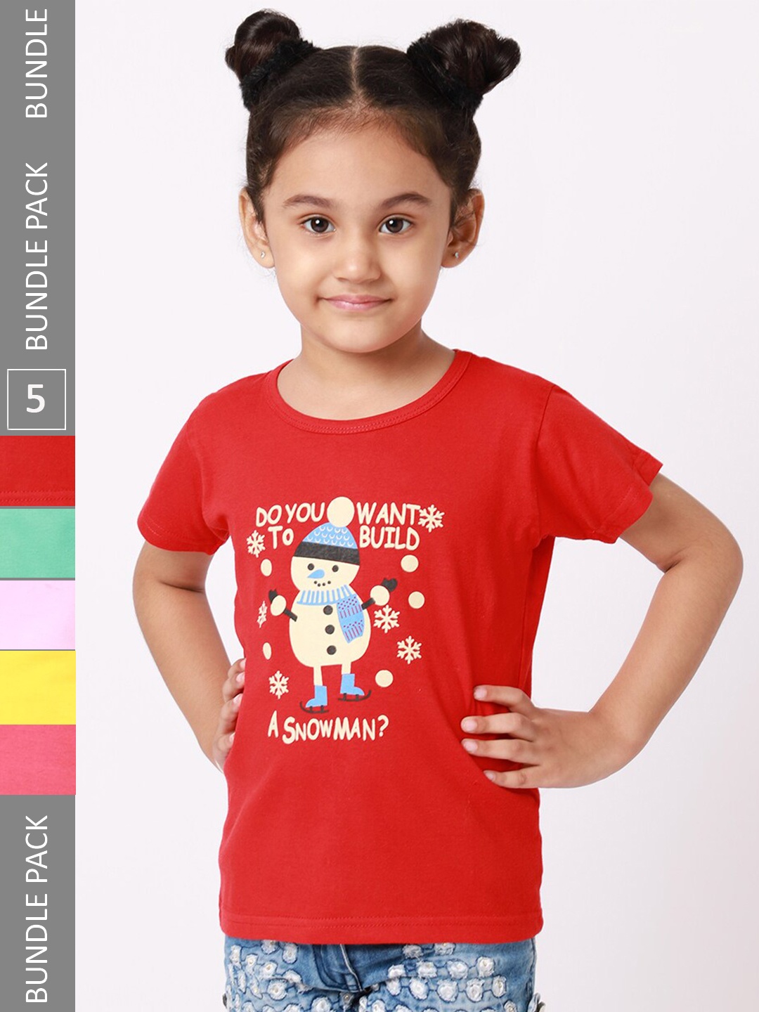 

BAESD Girls Pack Of 5 Graphic Printed Cotton T-shirt, Red