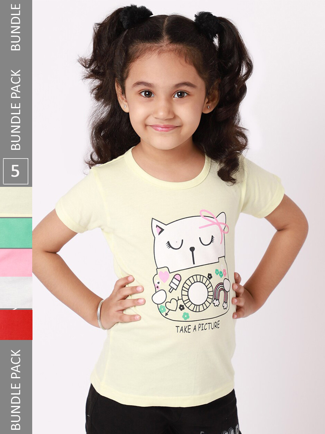 

BAESD Girls Pack Of 5 Graphic Printed Cotton Regular T-shirt, Yellow