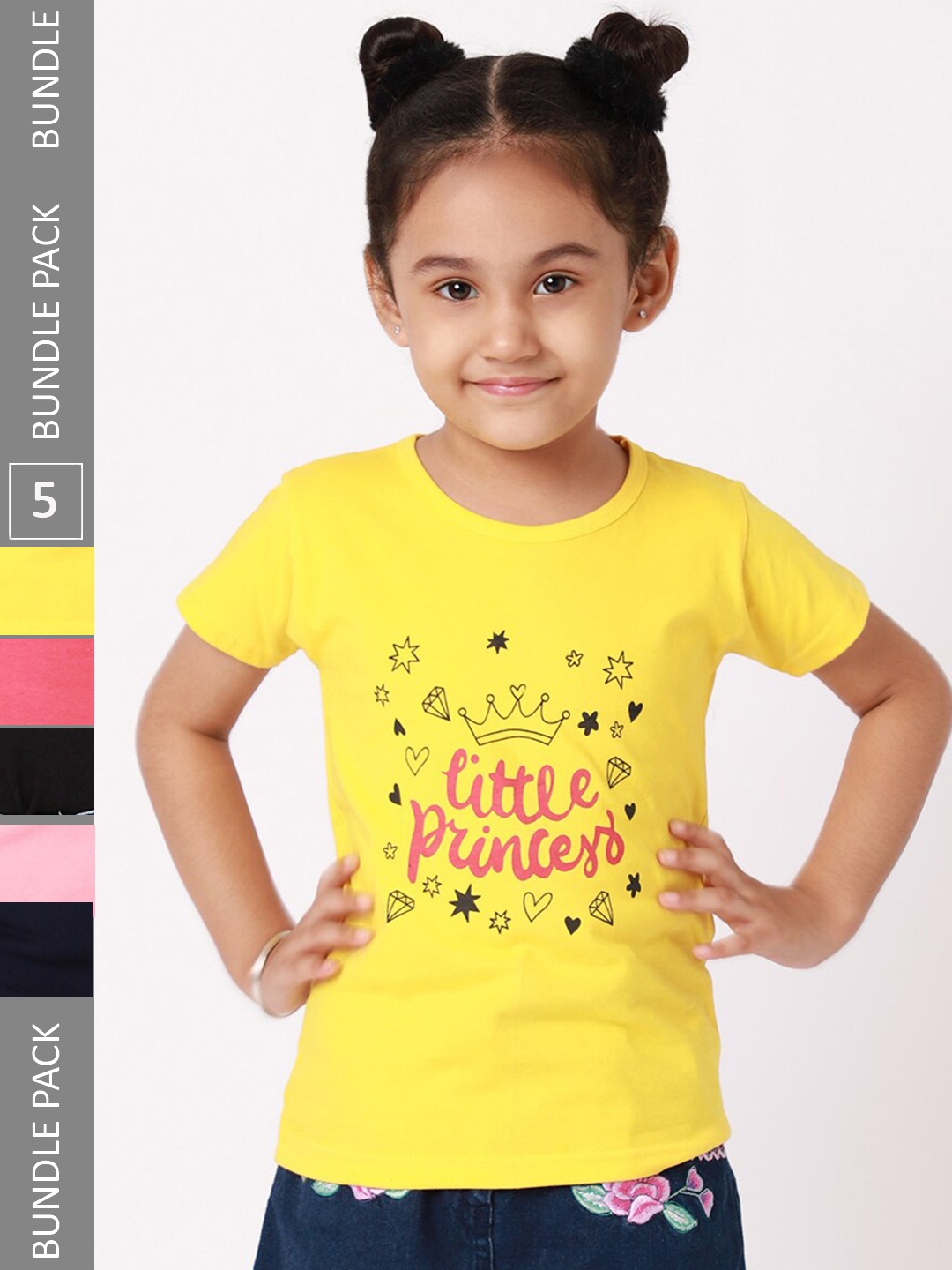 

BAESD Girls Pack Of 5 Printed Cotton T-shirts, Yellow