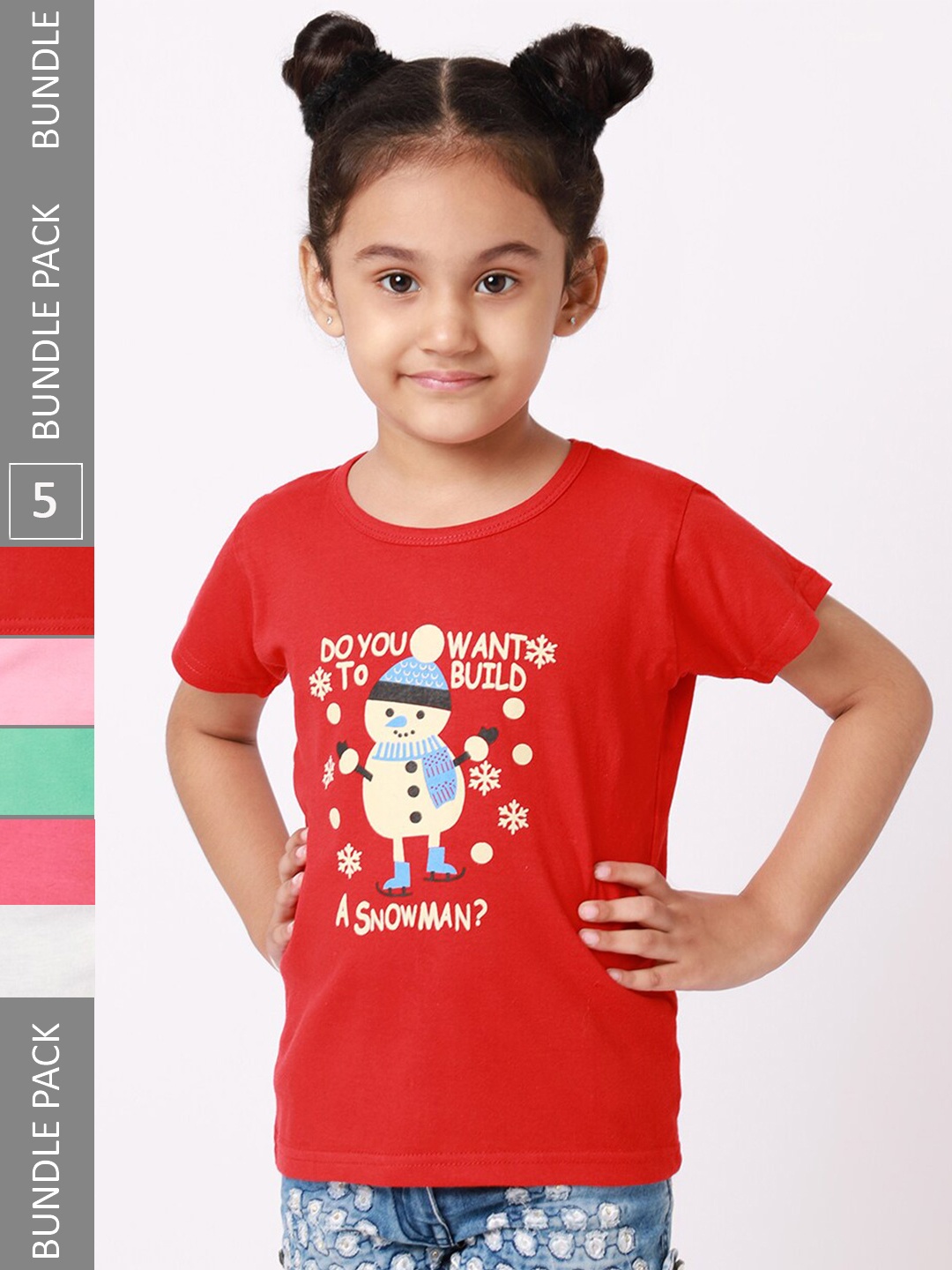 

BAESD Girls Pack of 5 Printed Cotton T-shirt, Red