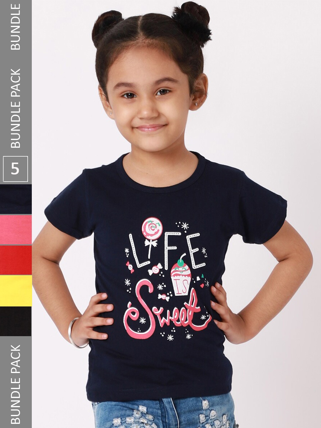 

BAESD Girls Pack Of 5 Graphic Printed Cotton T-Shirt, Black
