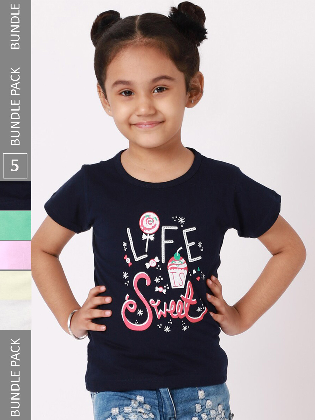 

BAESD Girls Pack Of 5 Typography Printed Cotton T-shirt, Navy blue