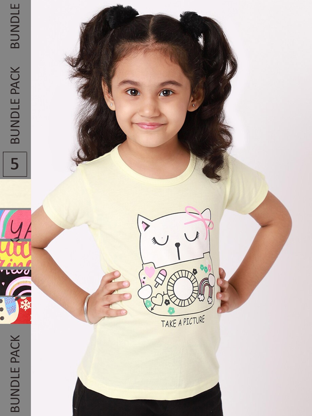 

BAESD Girls Pack of 5 Graphic Printed Cotton T-Shirt, Cream