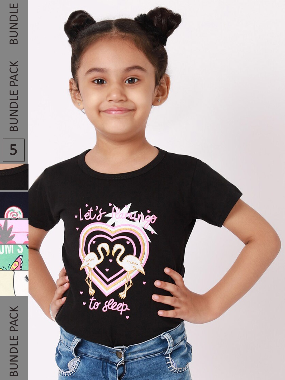 

BAESD Girls Pack of 5 Graphic Printed Cotton T-Shirt, Black